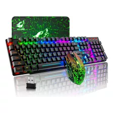 Teclado Y Mouse Inalambrico Gamer Black And Rainbow Led