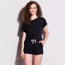 Pijama Short Doll Feminino Viscose Dreams Preto Com Poá Hope