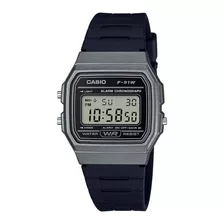 Reloj De Pulsera Casio Collection F-91 De Cuerpo Color Plateado, Digital, Para Hombre, Fondo Gris, Con Correa De Resina Color Negro, Dial Negro, Minutero/segundero Negro, Bisel Color Plateado Y Hebill