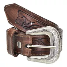 Cinto Country Couro Legítimo Masculino Bordado Fivela Cowboy