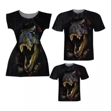 Vestido Mãe + Blusas Pai E Filho - Dinossauros Black