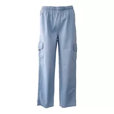 Calça Cargo Jeans Azul Claro Elástico E Cordão Na Cintura