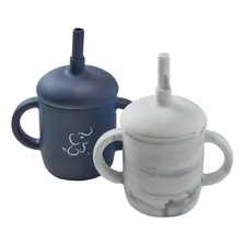 Papu Baby Set De 2 Vasos Entrenadores Con Tapa De Silicón Color Azul Marino/ Blanco Mármol