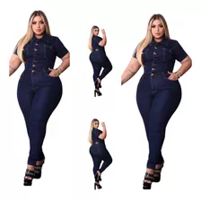 Macacão Longo Jeans Feminino Plus Size Look Poderoso Laycra 