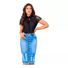 Saia Mídi Jeans- Moda Feminina