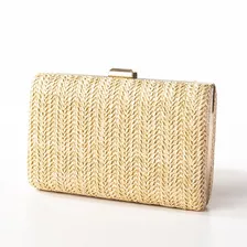 Bolsa Palha Clutch Sintética Trançada Moldura Metal Dourado