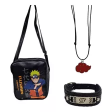 Kit Bolsa Transversal Naruto Pulseira E Colar Akatsuki