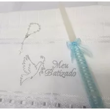 Kit Toalha Bordada Meu Batizado Com Vela Decorada E Terço 1u