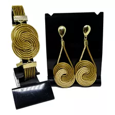 Conjunto Brinco + Pulseira Infinito Capim Dourado Artesanal