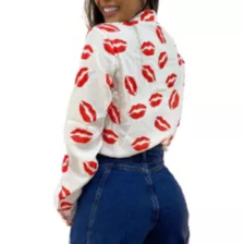 Camisa Mujer Overzise En Seda Estampado Besos