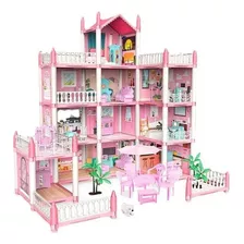 Casita Casa De Muñecas Con Muebles Castillo Diy Juguete Color Rosa