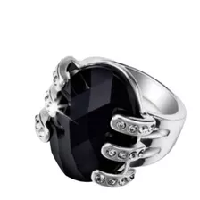 Anillo Grande Onice Ésika Cristales Negro Baño Plata Talla 8