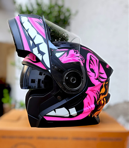 Casco Moto Iron Racing The Beast Rosa Negro Abatible + Lente Foto 3