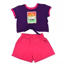 Conjunto Infantil Malha Roxo Short Pink Menina Teen Promoção