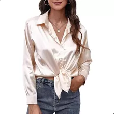 Blusa Elegante Manga Larga En Satín Con Cuello Tipo Camisa