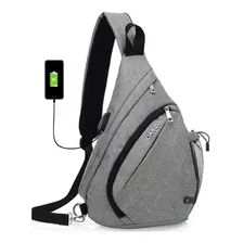 Mochila Transversal Pequena Entrada Usb Masculina Feminina Cor Cinza