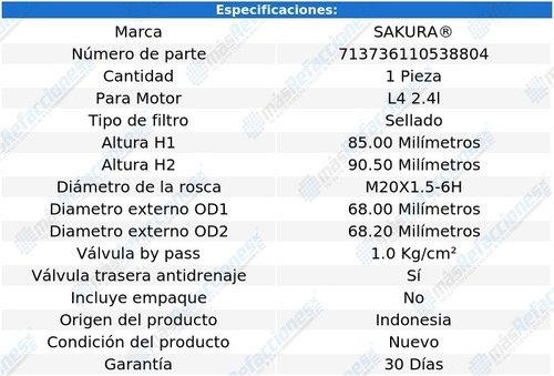 Filtro Aceite Mitsubishi L200 L4 2.4l 08-20 Sakura Foto 2