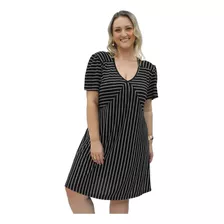 Vestido Plus Size Listrado Em Viscolycra Solto Decote V 1203