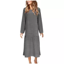 Vestido Feminino Gola Redonda Xadrez Estampado Fino Mangas C