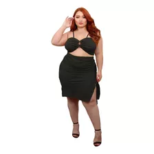 Conjunto Cropped E Saia Plus Size Decotado Com Fenda Basico