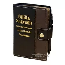 Bíblia Sagrada Letra Grande - Botão Preta C/ Marrom C/ Harpa