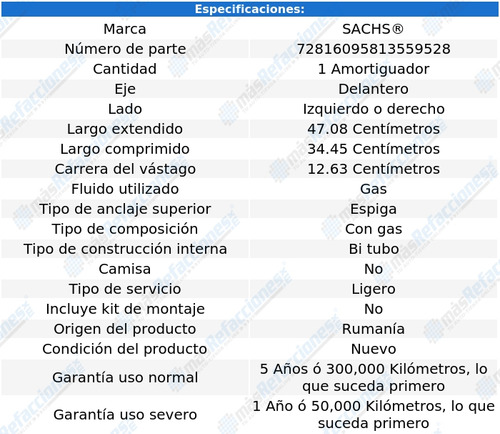 1 Amortiguador Gas Del Izq/der Smart Roadster 04 Al 05 Sachs Foto 2