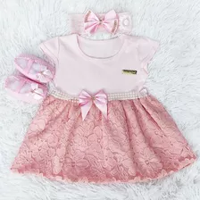 Vestido De Bebê Renda + Sapatinhos + Tiara Kit Com 3 Pçs