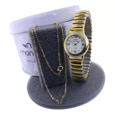 Combo Reloj Montreal Mujer Dorado + Cadena Con Dije Ml1070