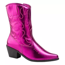 Bota Feminina Western Texana Bordada Bico Fino Cano Curto 