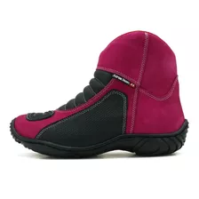 Bota Feminina Motociclista Couro Zíper Palmilha Gel Pink 305