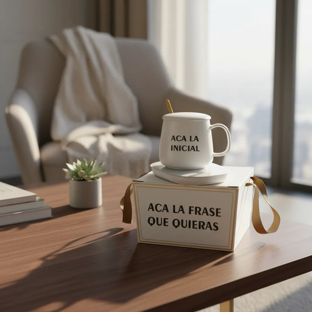 Taza Con Calentador + Inicial En La Taza+ Caja Personalizada Blanco