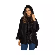 Poncho Feminina Com Touca De Lã De Pelos Sintético Importado