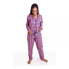 Pijama Feminino Longo Flanelado Inverno Aberto Com Botões