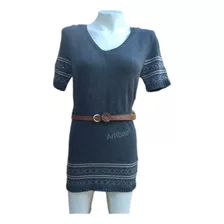 Vestido Tejido En Lana Gris, Escote V, Con Capucha 