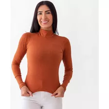 Blusa Feminina Manga Comprida De Frio Gola Alta Canelado Top