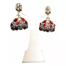 Brinco Indiano Maxi Artesanal Jhumka Em Pedraria Vermelho