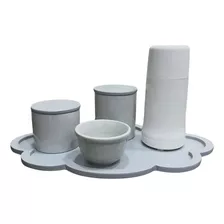 Kit Higiene Porcelana Completo Poa Tampa E Bandeja Madeira