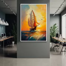 Quadro Com Moldura Sala 40x60 Pintura Barco Por Do Sol