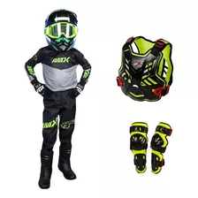 Conjunto Infantil Motocross Preto Neon +colete+joelheira