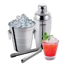 Kit Bar 3 Peças Aço Inox Coqueteleira 750 Ml Balde E Pegador