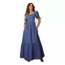 Vestido Jeans Longo Manga De Amarrar Rodado Lastex Soltinho