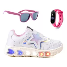 Tenis Infantil De Led Meninas Estrela + Oculos Relogio Light