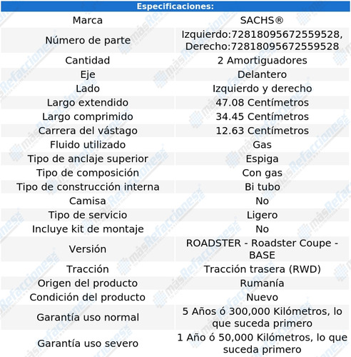 Par Amortiguadores Gas Del Roadster L3 0.7l 04 Al 05 Sachs Foto 2