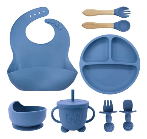 Kit Introdução Alimentar Bebê Silicone Prato Talher 8 Peças Cor Azul-escuro