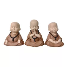 Trio Monge Criança Três Budas Bebê Marrom Em Resina Bege