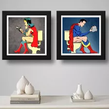 Kit 2 Quadros Mulher Maravilha Superman Banheiro 35x35cm