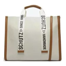 Bolsa Shopper Grande Schutz Livia Lona Design Liso De Lona Bege Com Alça De Ombro Marrom E Alças Laterais Marrom