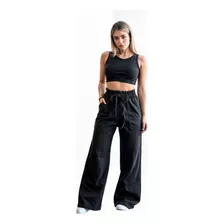 Calça Pantalona Moletom Wide Leg C/bolso Cintura Alta