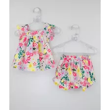 Conjunto Bebê Petit Cherie Natural Bata E Short Fofinho Flor