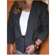 Blazer Cinza Riscado Feminino G Linho Social Bolsos Casaco